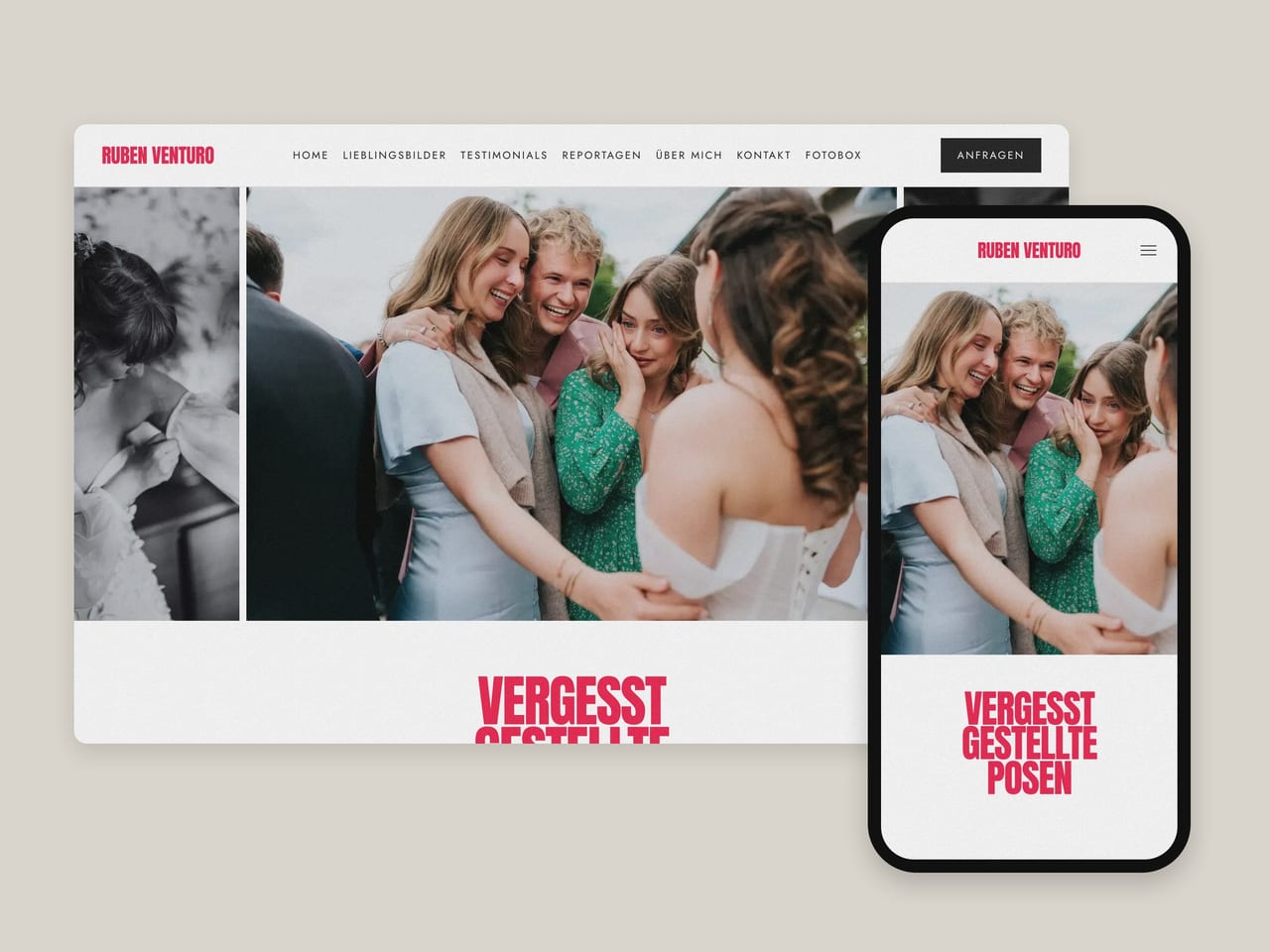 Website von Ruben Venturo Hochzeitsfotografie auf Desktop und Smartphone: Hochzeitsgäste umarmen sich lachend