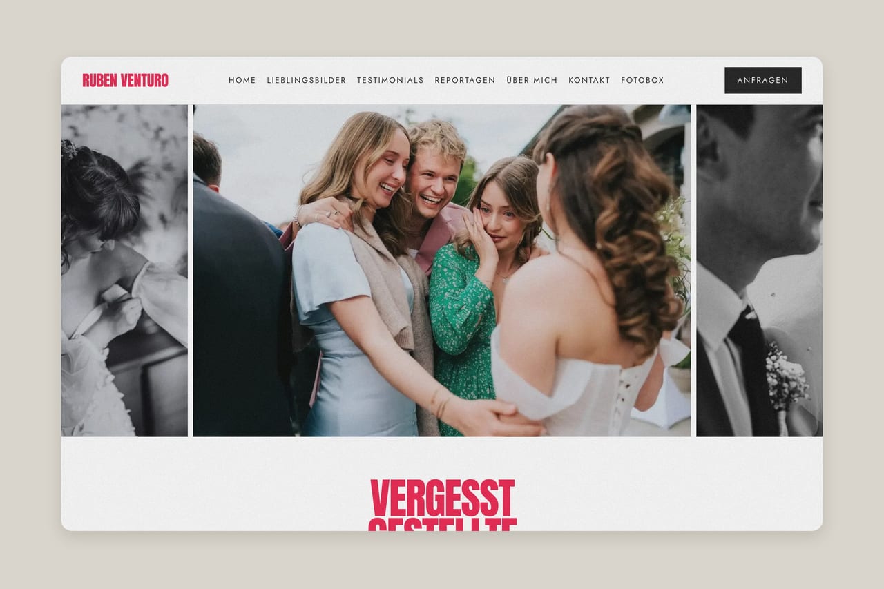 Startseite von rubenventuro.de mit Bildstreifen aus Hochzeitsreportagen