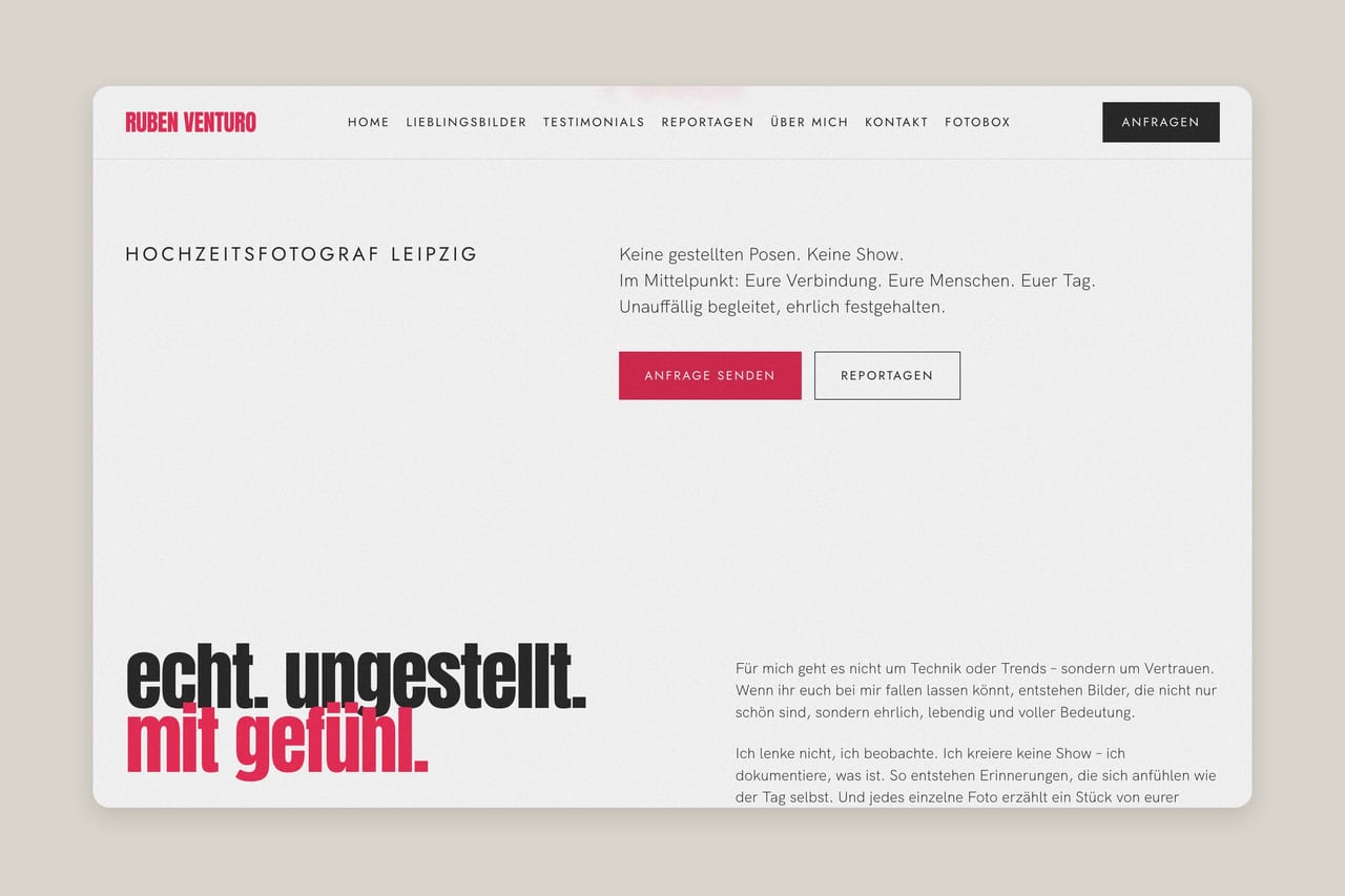 Abschnitt „echt. ungestellt. mit gefühl.“ auf rubenventuro.de mit Anfrage-Button
