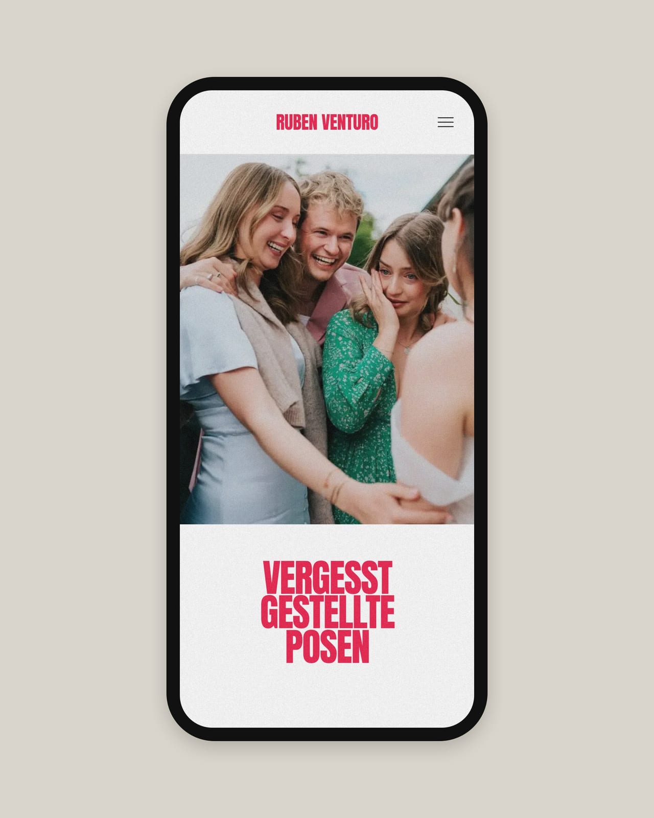 Mobile Ansicht von rubenventuro.de auf einem Smartphone mit der Überschrift „Vergesst gestellte Posen“