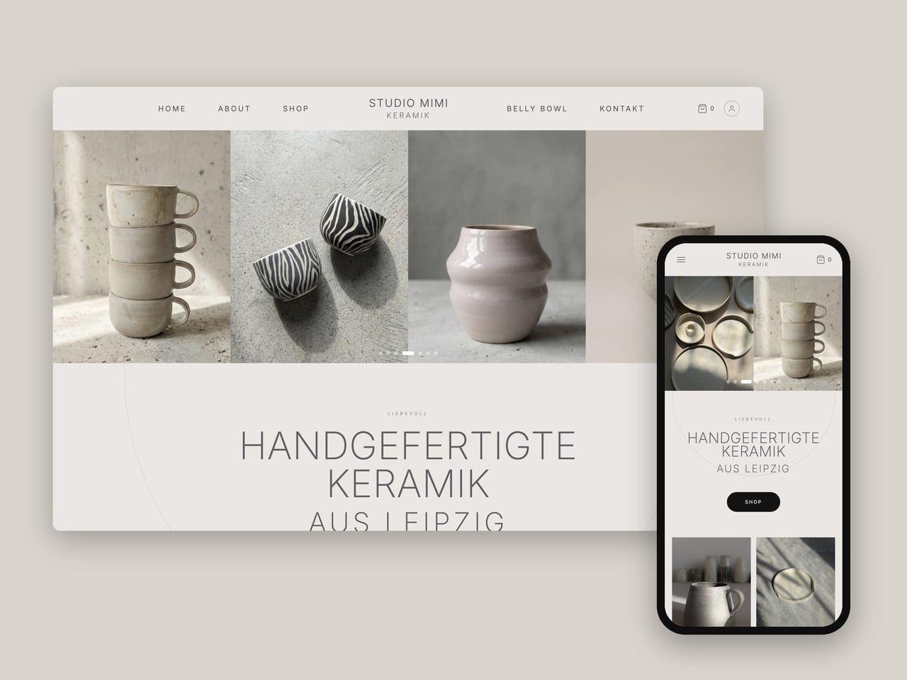Onlineshop von Studio Mimi auf Laptop und Smartphone: handgefertigte Keramik aus Leipzig