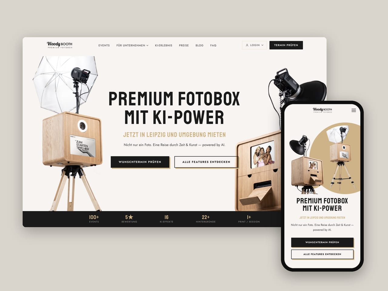 Website von WoodyBooth auf Laptop und Smartphone: Premium-Fotobox aus Eichenholz mit KI-Funktionen, Leipzig