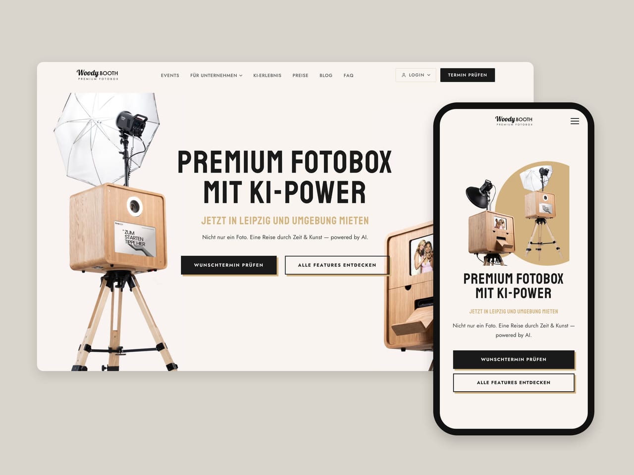 Website von WoodyBooth auf Laptop und Smartphone: Premium-Fotobox aus Eichenholz mit KI-Funktionen, Leipzig