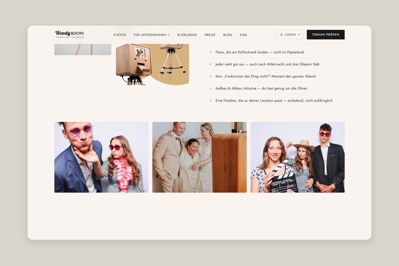 Abschnitt der WoodyBooth-Website mit den Vorteilen der Fotobox und Gästefotos von echten Events